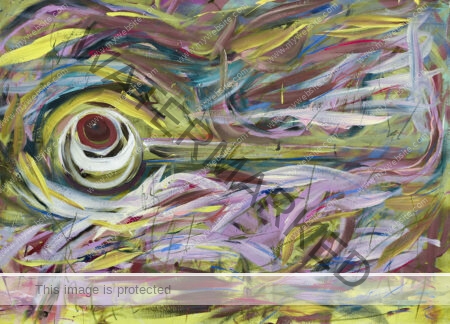 Colourful, abstract painting with yellow and pink, with an eye that seems to be aware of you, by Aimée Joaristi. From the Forma Del Tiempo series. The Eye Painting. Fine art.