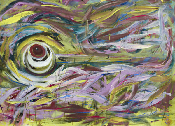 Colourful, abstract painting with yellow and pink, with an eye that seems to be aware of you, by Aimée Joaristi. From the Forma Del Tiempo series. The Eye Painting. Fine art.