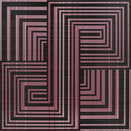 Katrin Aason woven ribbon art masterpiece, a geometric black and red ying yang infinity. What's On in Costa Rica, August 2024.
