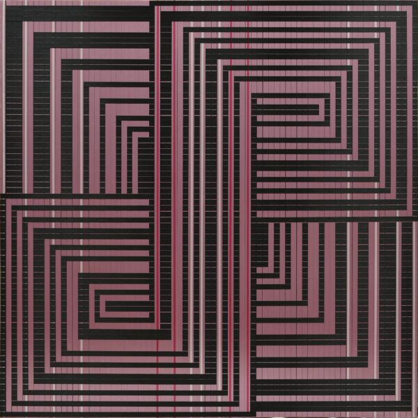 Katrin Aason woven ribbon art masterpiece, a geometric black and red ying yang infinity. What's On in Costa Rica, August 2024.