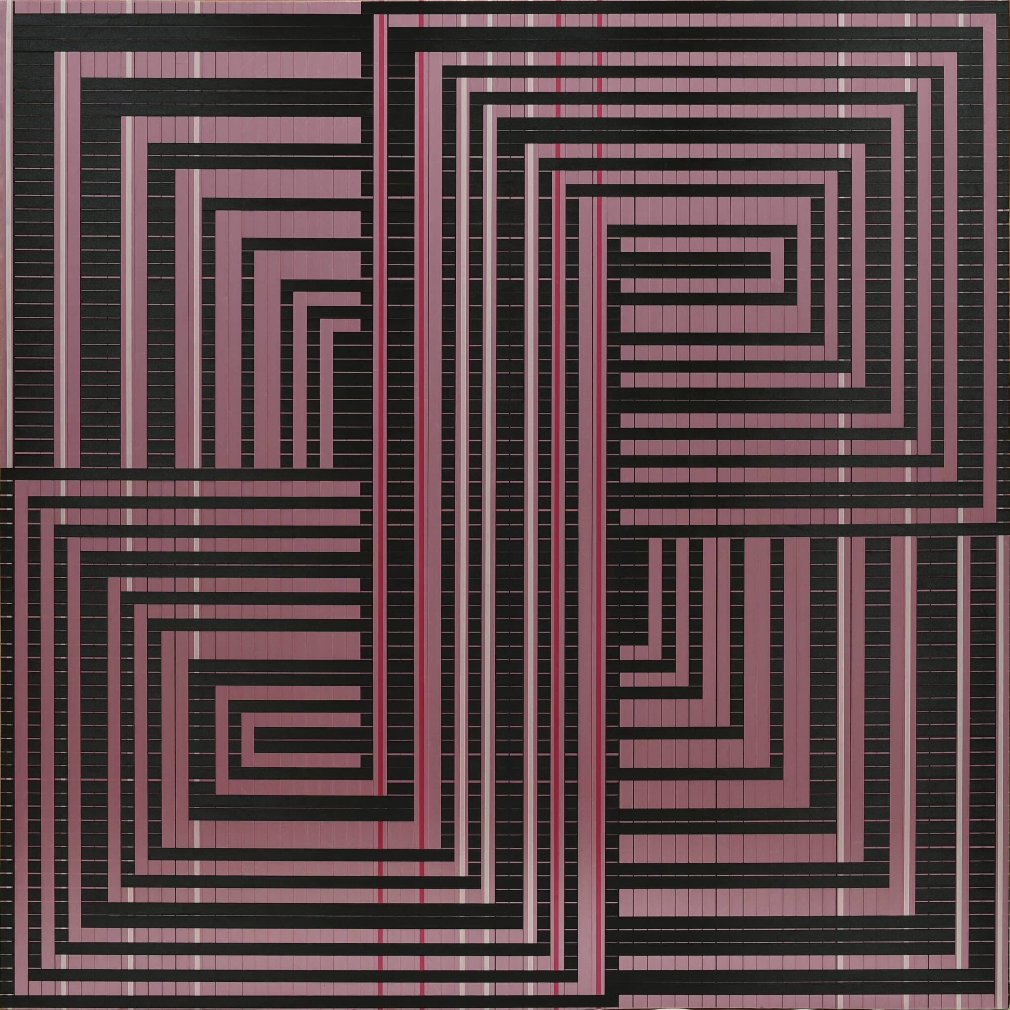 Katrin Aason woven ribbon art masterpiece, a geometric black and red ying yang infinity. What's On in Costa Rica, August 2024.