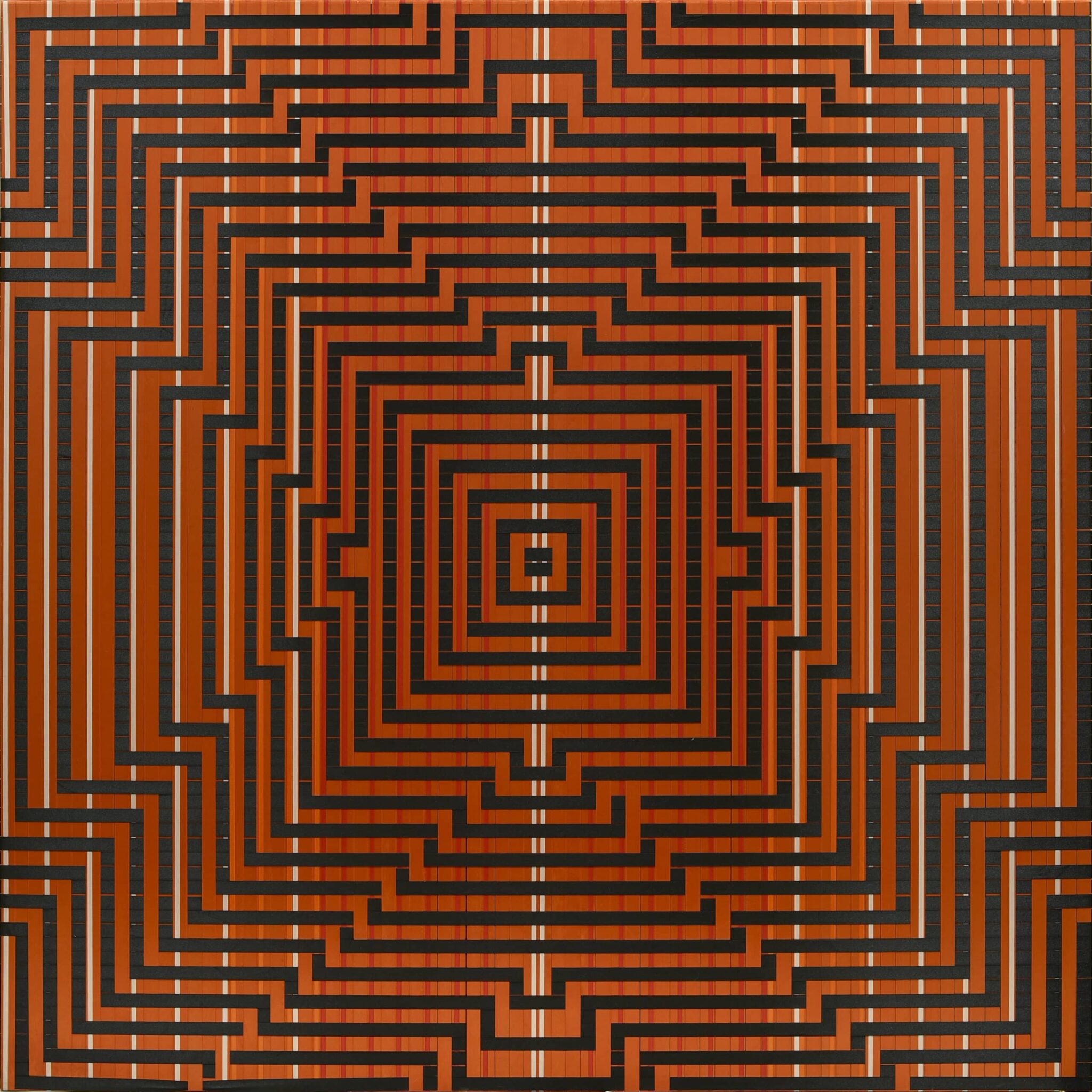 Kartin Aason woven ribbon art is a geometric masterpeice drawing in your eyes to the orange and black center