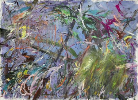 Colourful, abstract painting with an architectural outline and purple background, by Aimée Joaristi. Dystopia Series