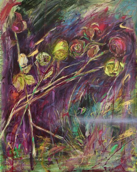 Colourful, textured abstract painting featuring yellow and pink flowers, by Aimée Joaristi.