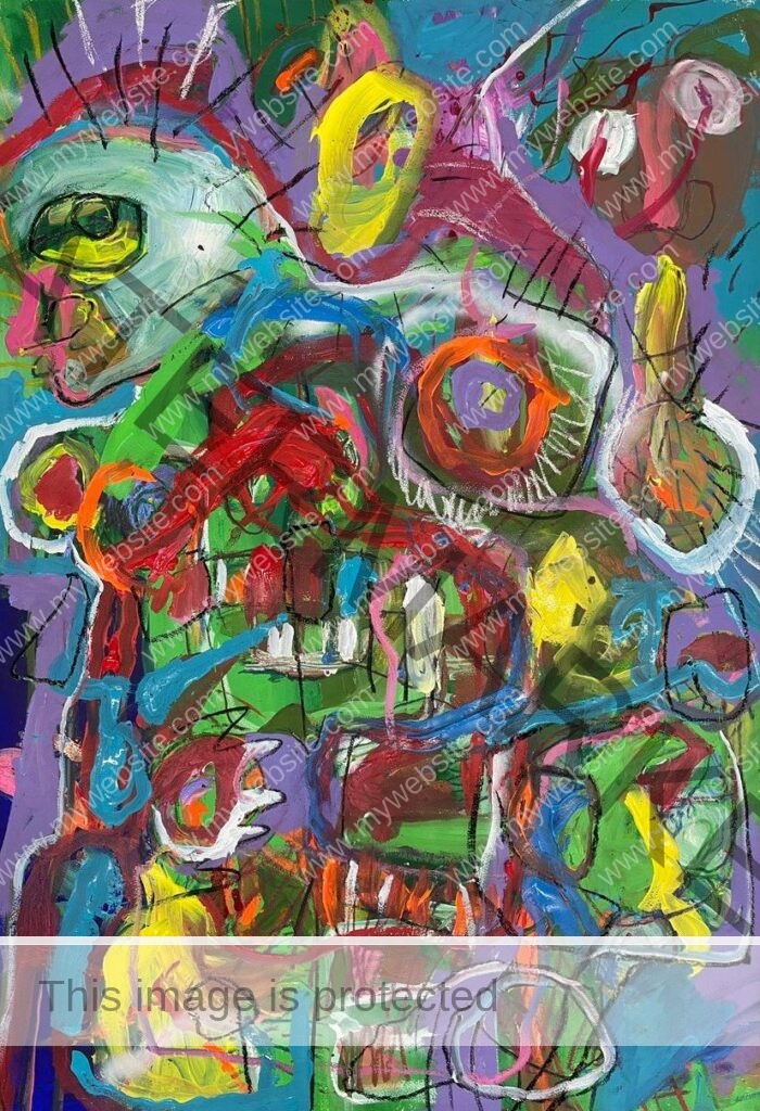 Colourful, bright abstract painting by Aimée Joaristi from the Petunia's Party painting series