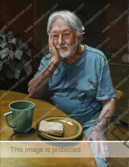 Oil painting on linen of Enrique Laks, by Sylvia Laks. The painting is intimate, showing Enrique at the breakfast table. It evokes feelings of love and affection.
