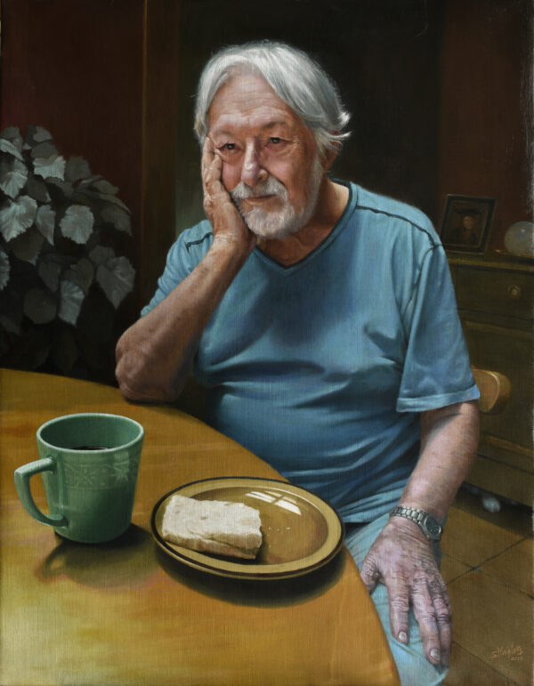 Oil painting on linen of Enrique Laks, by Sylvia Laks. The painting is intimate, showing Enrique at the breakfast table. It evokes feelings of love and affection.