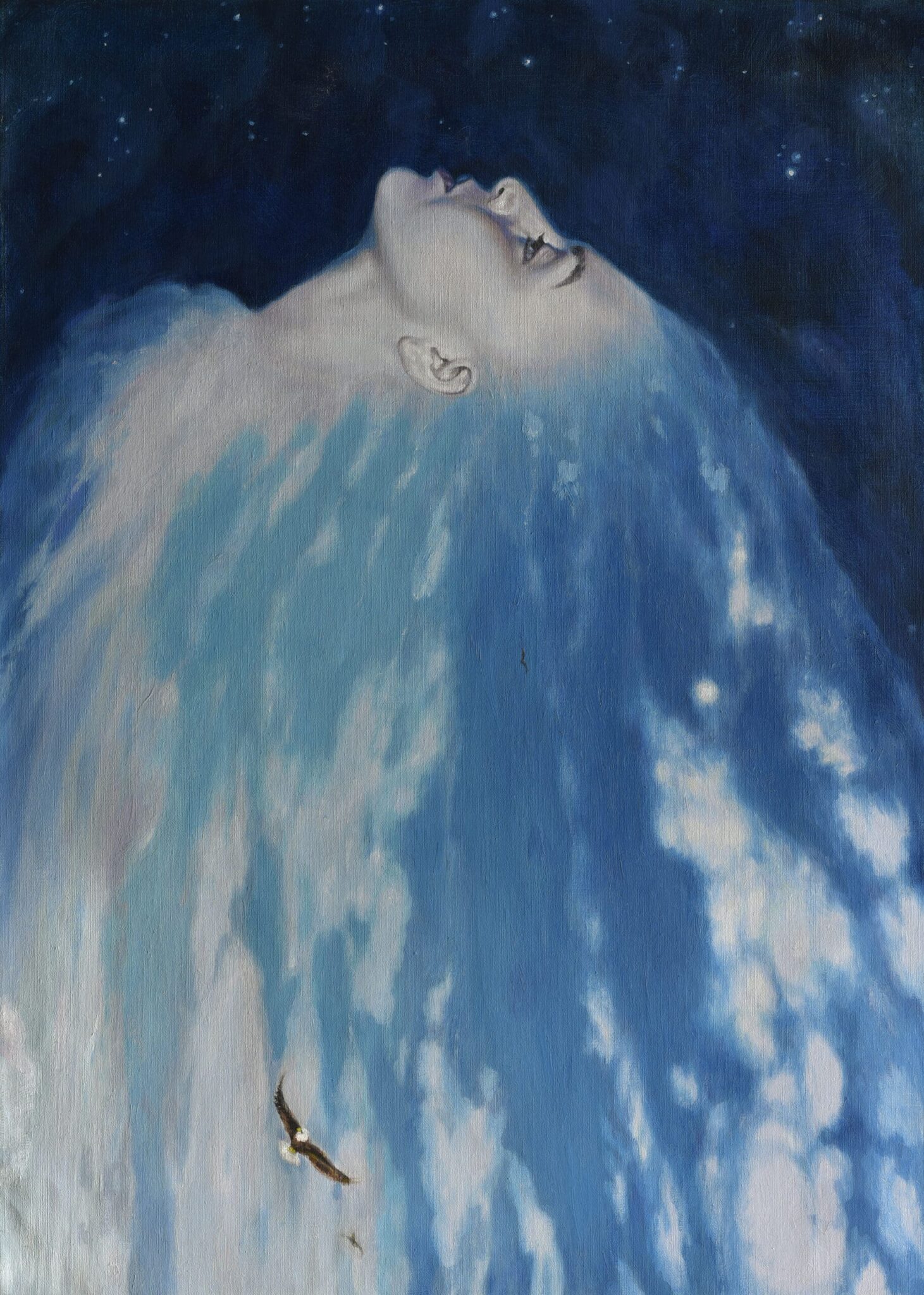 Sylvia Laks' portraits, evoking a feeling of feminine power and spirituality. This painting depicts a woman with an arched neck and her hair flowing down the canvas as a hawk flies across.