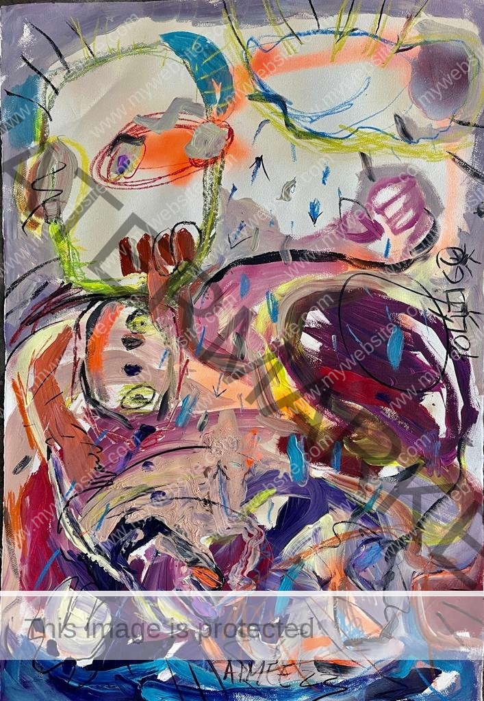 Colourful, abstract painting with face by Costa Rica artist Aimée Joaristi called political from Petunia's party series shows the struggle we all face both internal and external