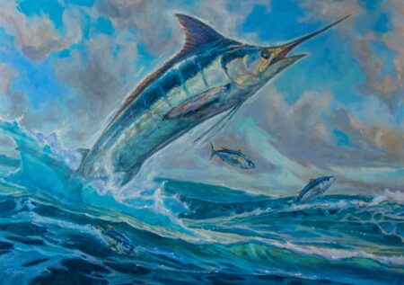 Marlin oil painting by Susan Adams. It depicts a marlin jumping from Costa Rica's oceans, evoking feelings of euphoria.