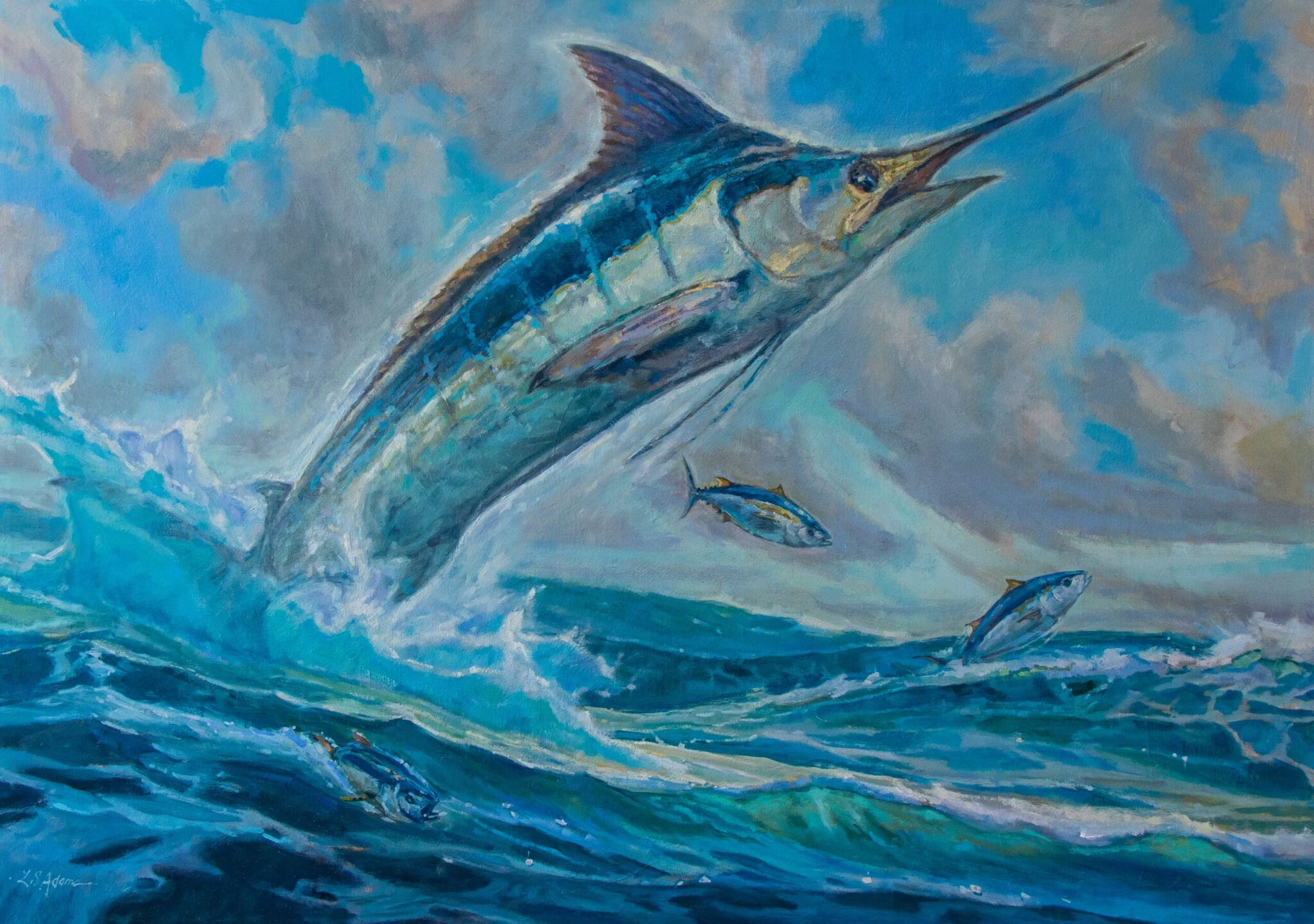 Marlin oil painting by Susan Adams. It depicts a marlin jumping from Costa Rica's oceans, evoking feelings of euphoria.