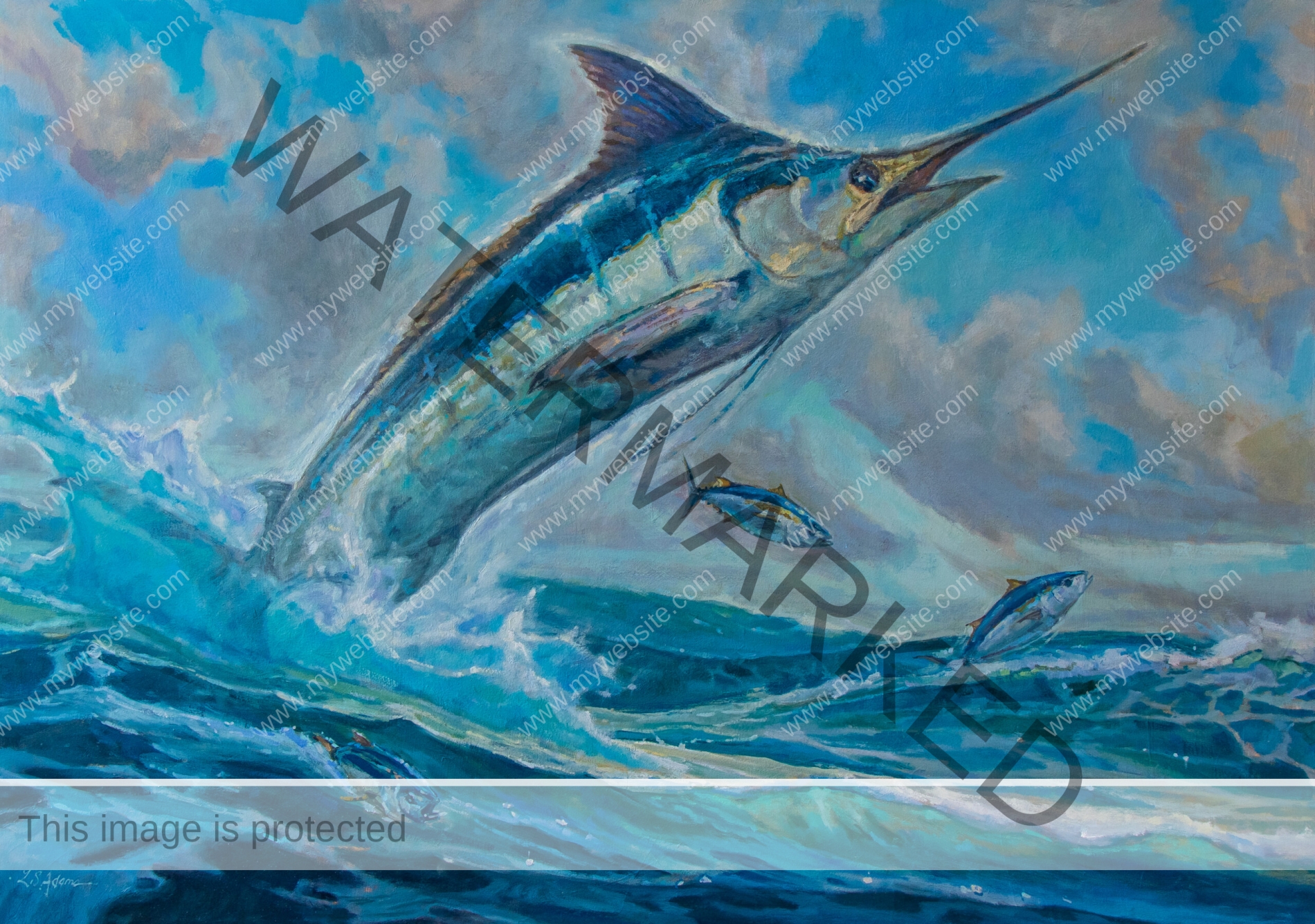 Marlin oil painting by Susan Adams. It depicts a marlin jumping from Costa Rica's oceans, evoking feelings of euphoria.