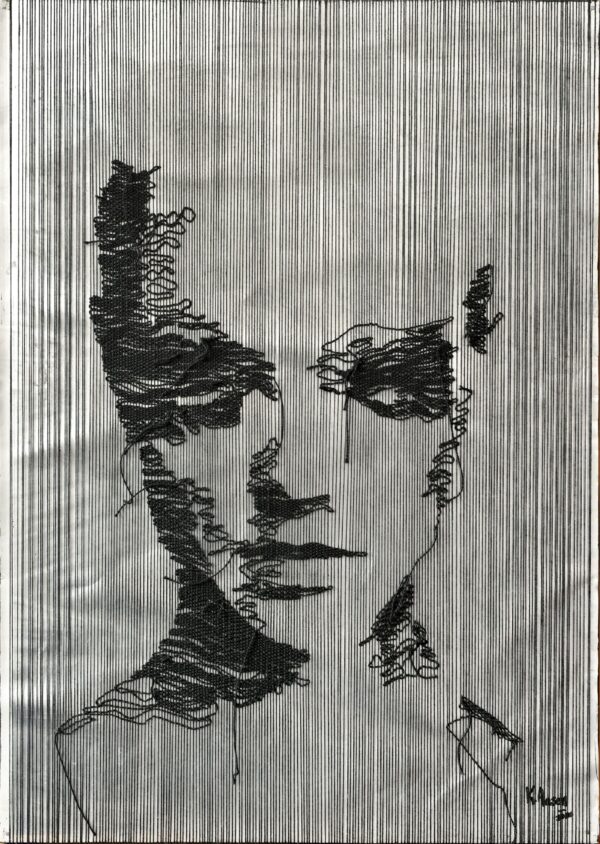 Katrin Aason created a brilliant feminine art work with woven string art over aluminum evoking a feeling of pensive truth