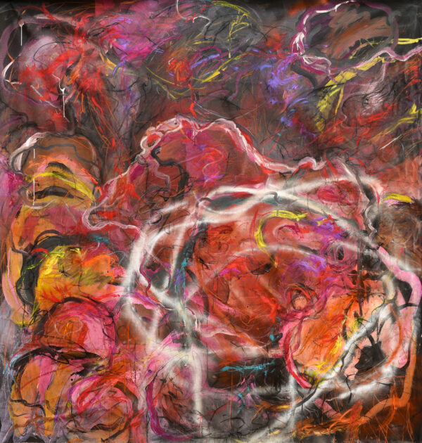 Red abstract mixed media painting with swirls of yellow, white, yellow and purple by Aimée Joaristi.