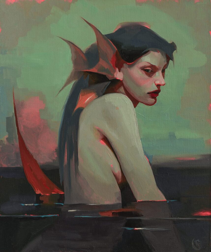Oil painting of an elfish-looking mermaid who is half submerged in a dark, swampy water. Painting by Emilia Cantor, evoking feelings of defiance. Mermaid painting