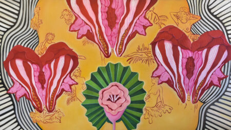 A yellow background with pink, red and green floral, erotic shapes that reflect female genitals to comment on female sexual oppression.