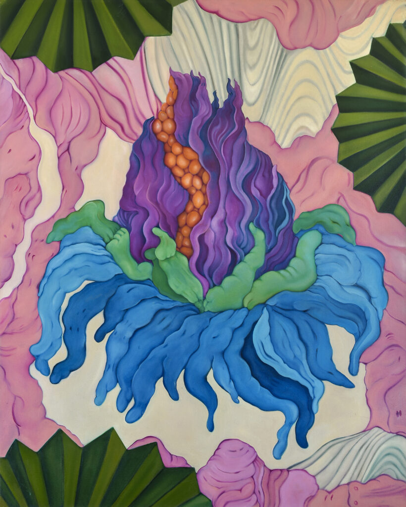 Georgia O'Keeffe inspired floral and erotic painting with pinks, purple, green and blue.