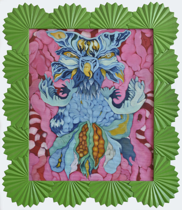Ornate floral, bright colourful painting by Daniela Marten Rothe. A bright green, textured border outlines pink and blue floral designs with fruit, evoking a sense of eroticism and sensuality.