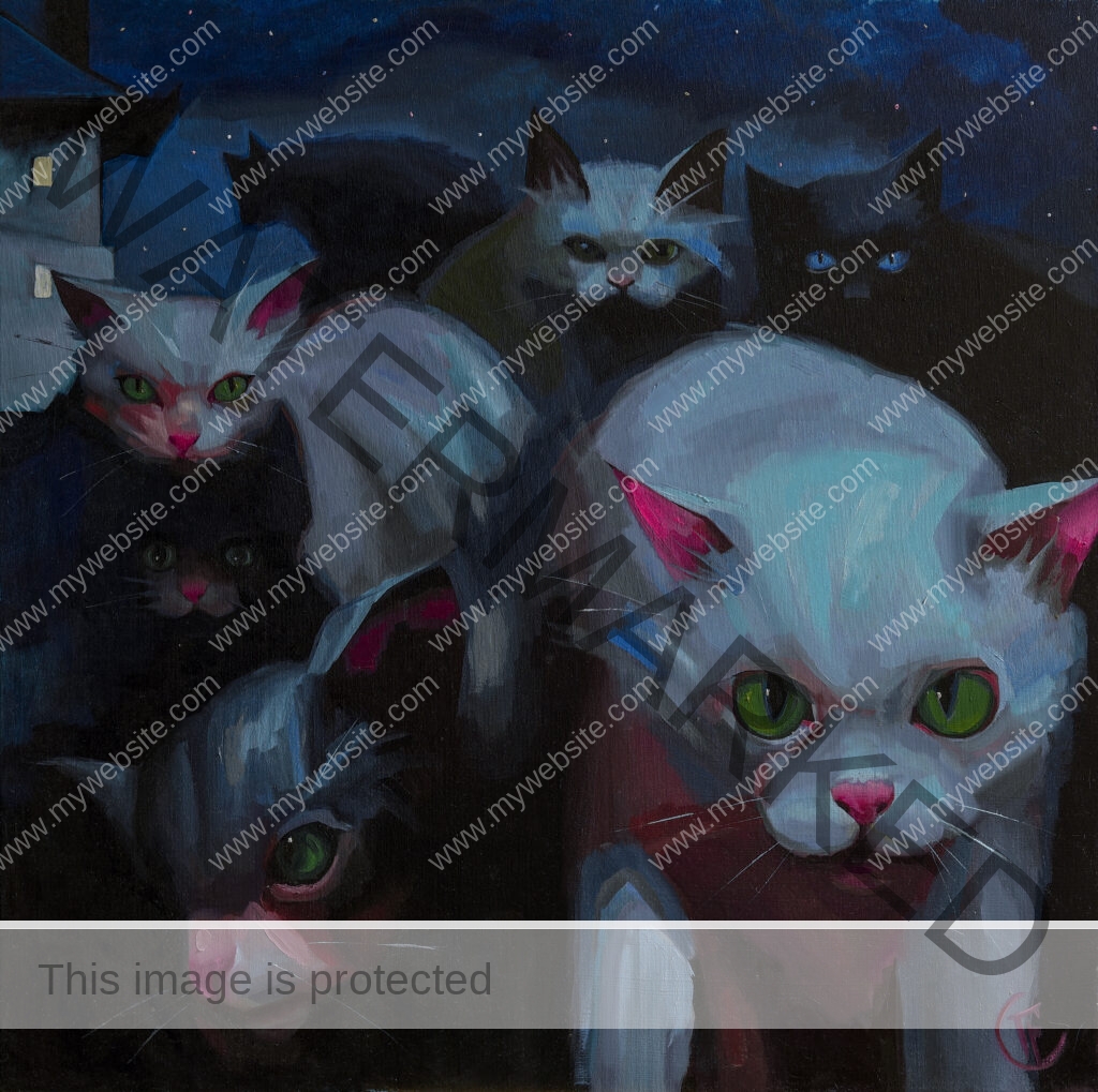 oil painting by Emilia Cantor of street cats at night, prowling in the city street. The cats are coming at the viewer, conjuring feminine power and the mysterious. street cats oil painting