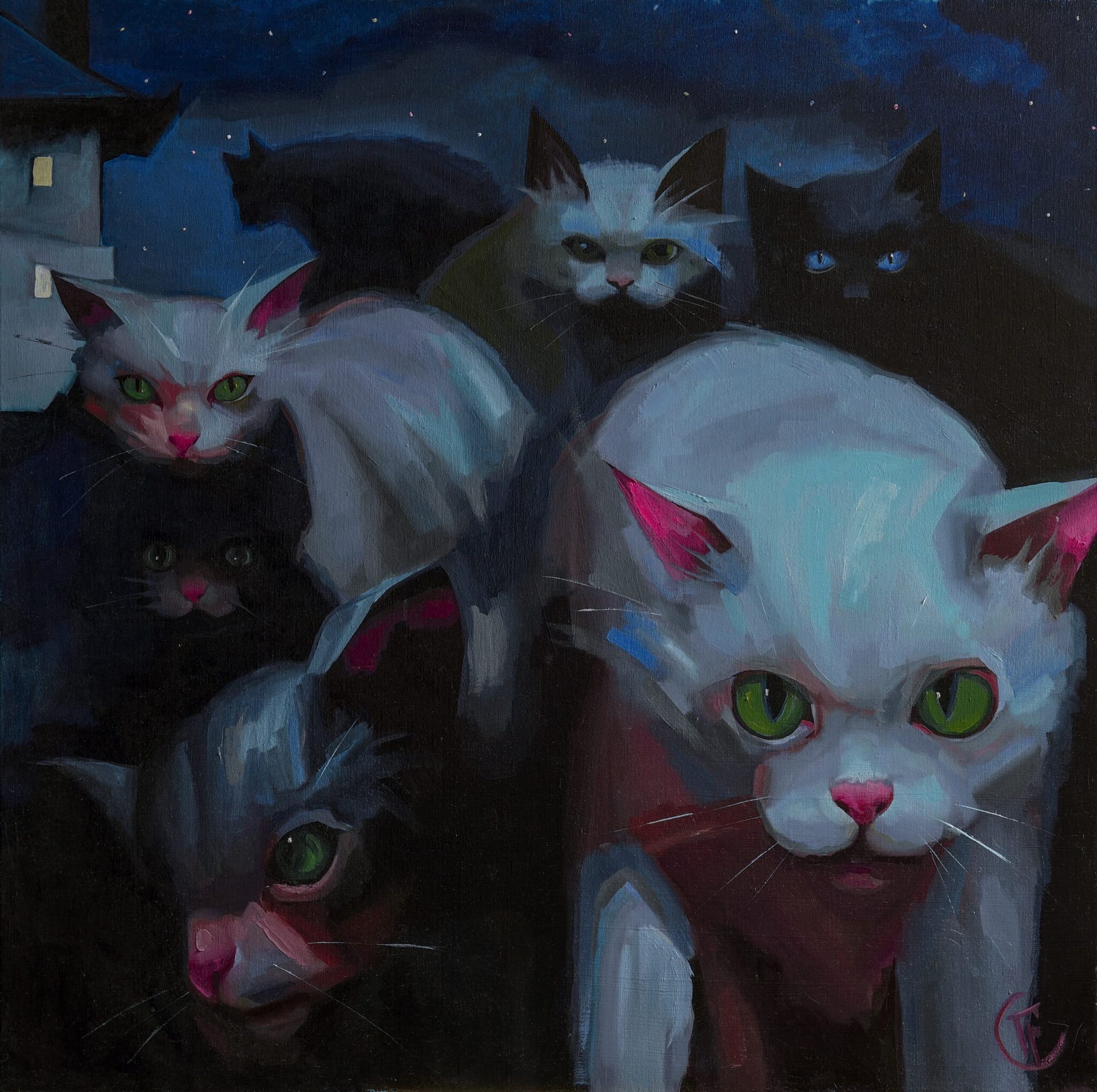 oil painting by Emilia Cantor of street cats at night, prowling in the city street. The cats are coming at the viewer, conjuring feminine power and the mysterious. street cats oil painting