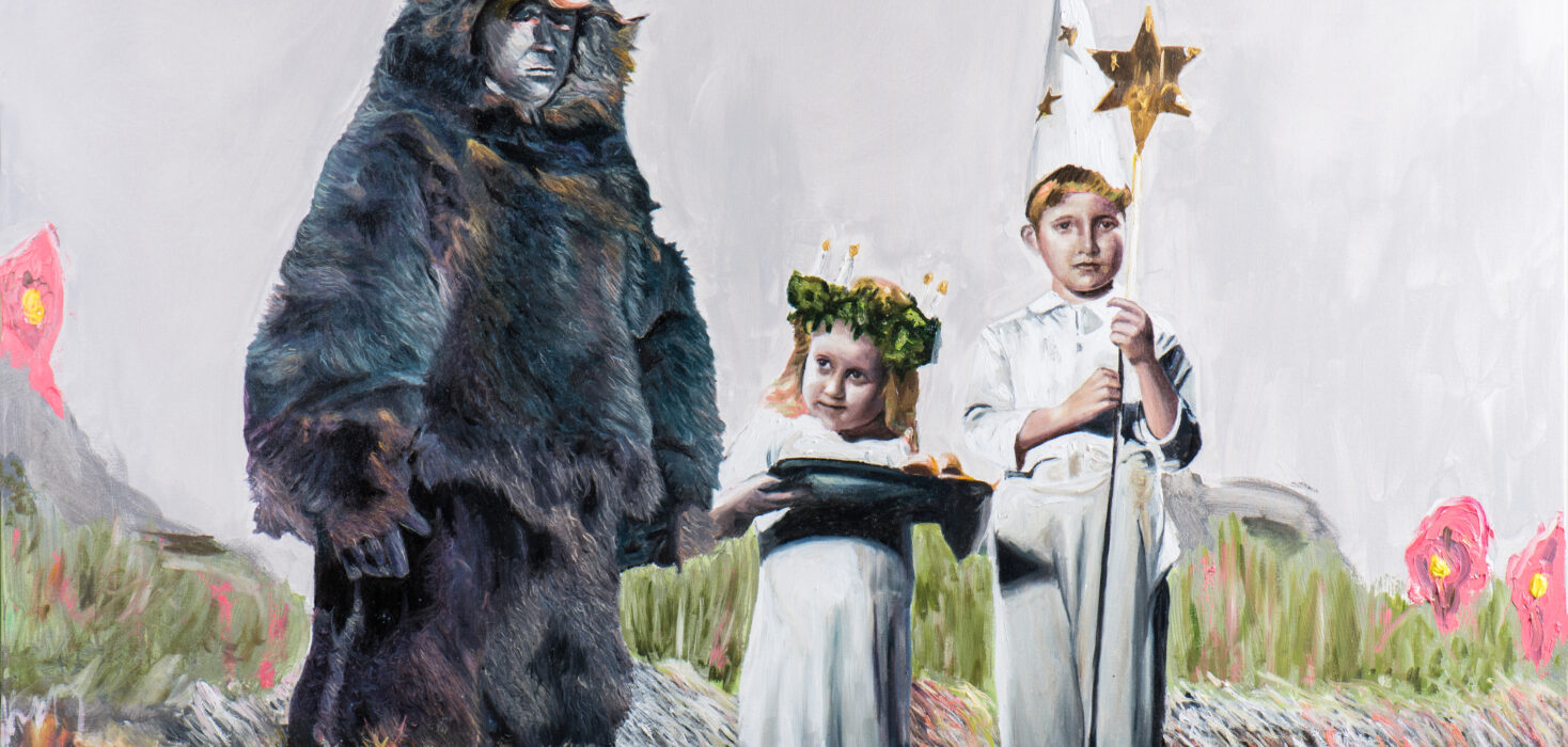 Costa Rica art scene integration. Collective Consciousness painting by Sofía Ruiz of a man dressed in a bear costume and two children standing next to him in white clothes, set against an abstract background. The little girl is carrying a fish and the boy is holding a staff. It evokes family memories and playtime.