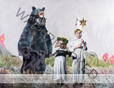 Collective Consciousness painting by Sofía Ruiz of a man dressed in a bear costume and two children standing next to him in white clothes, set against an abstract background. The little girl is carrying a fish and the boy is holding a staff. It evokes family memories and playtime.