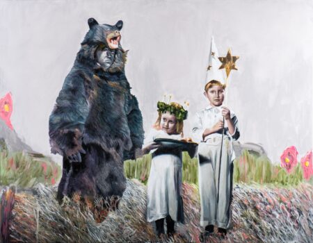 Costa Rica art scene integration. Collective Consciousness painting by Sofía Ruiz of a man dressed in a bear costume and two children standing next to him in white clothes, set against an abstract background. The little girl is carrying a fish and the boy is holding a staff. It evokes family memories and playtime.
