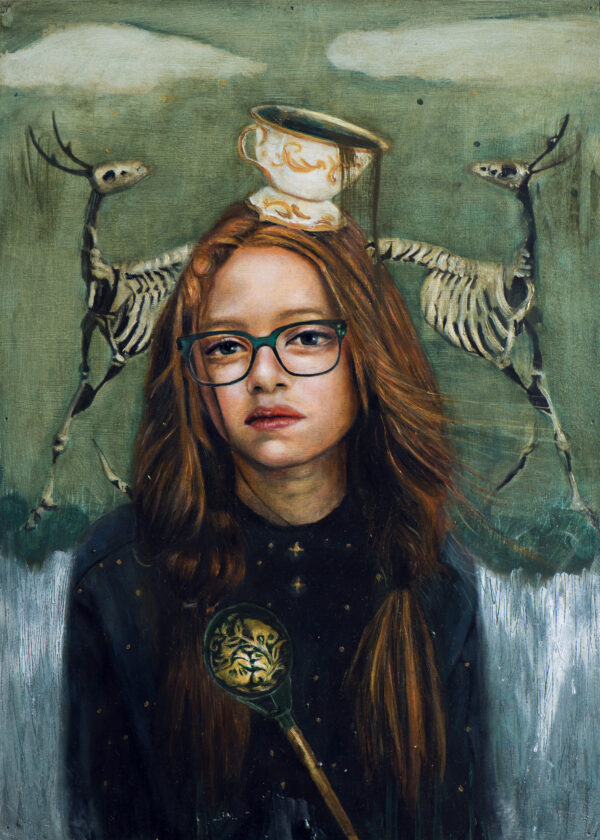 oil on wood panel painting by Sofía Ruiz of a young girl staring out of the canvas with two animal skeletons behind her. The painting is dreamlike and quite sinister, evoking feelings of unease.