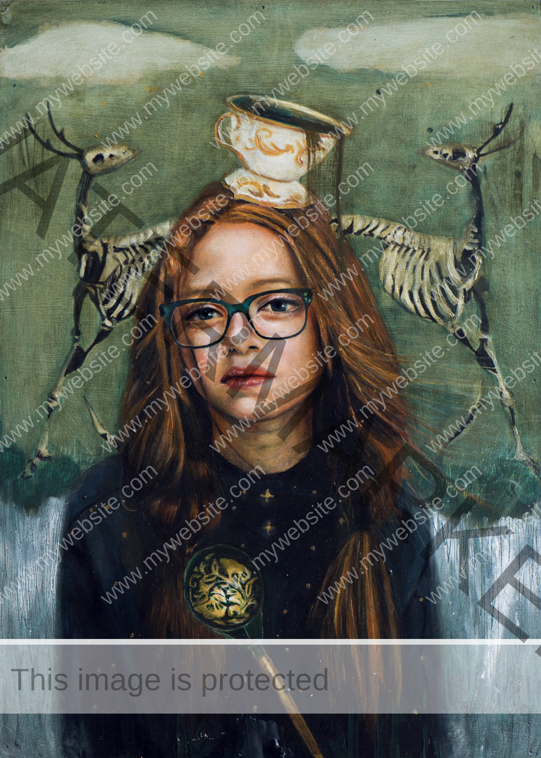 oil on wood panel painting by Sofía Ruiz of a young girl staring out of the canvas with two animal skeletons behind her. The painting is dreamlike and quite sinister, evoking feelings of unease.