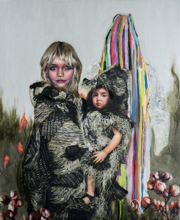 Fantastical Cycles painting by Sofía Ruiz of a woman holding a young child who are both staring out at you. They appear to be wearing some kind of costume yet Ruiz has painted only the faces in a realist style. The background features a multicoloured, vertically-striped form, creating a confused, dreamlike narrative.