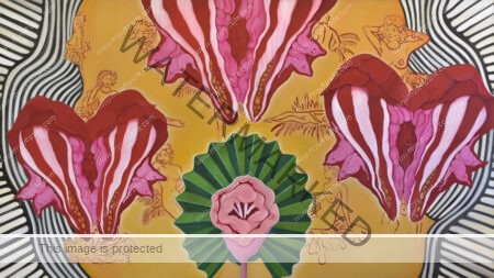 Bright, colourful floral painting featuring pink petals against an abstract yellow and green background; there are black and white stripes on either edge. This painting by Daniela Marten Rothe evokes a sense of eroticism, sensuality and feminine power as the petals resemble female genitalia. female sexual oppression