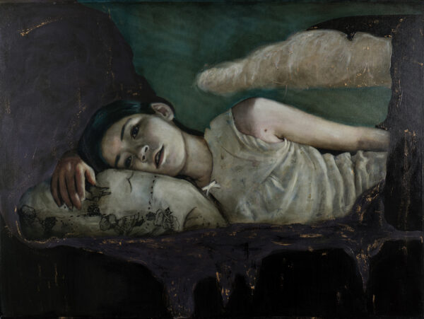 Daydreamer painting. Dark, fairytale, magical painting of a young girl lying on her side daydreaming about her future, by Sofía Ruiz. The painting evokes feeling of hope and nostalgia.