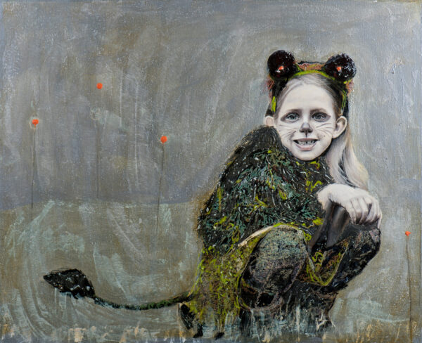 Depersonalisation painting. Creepy painting of a little girl dressed as a mouse, set against an abstract grey background with three red flowers, by Sofía Ruiz. It evokes a sense of nostalgia and unease.