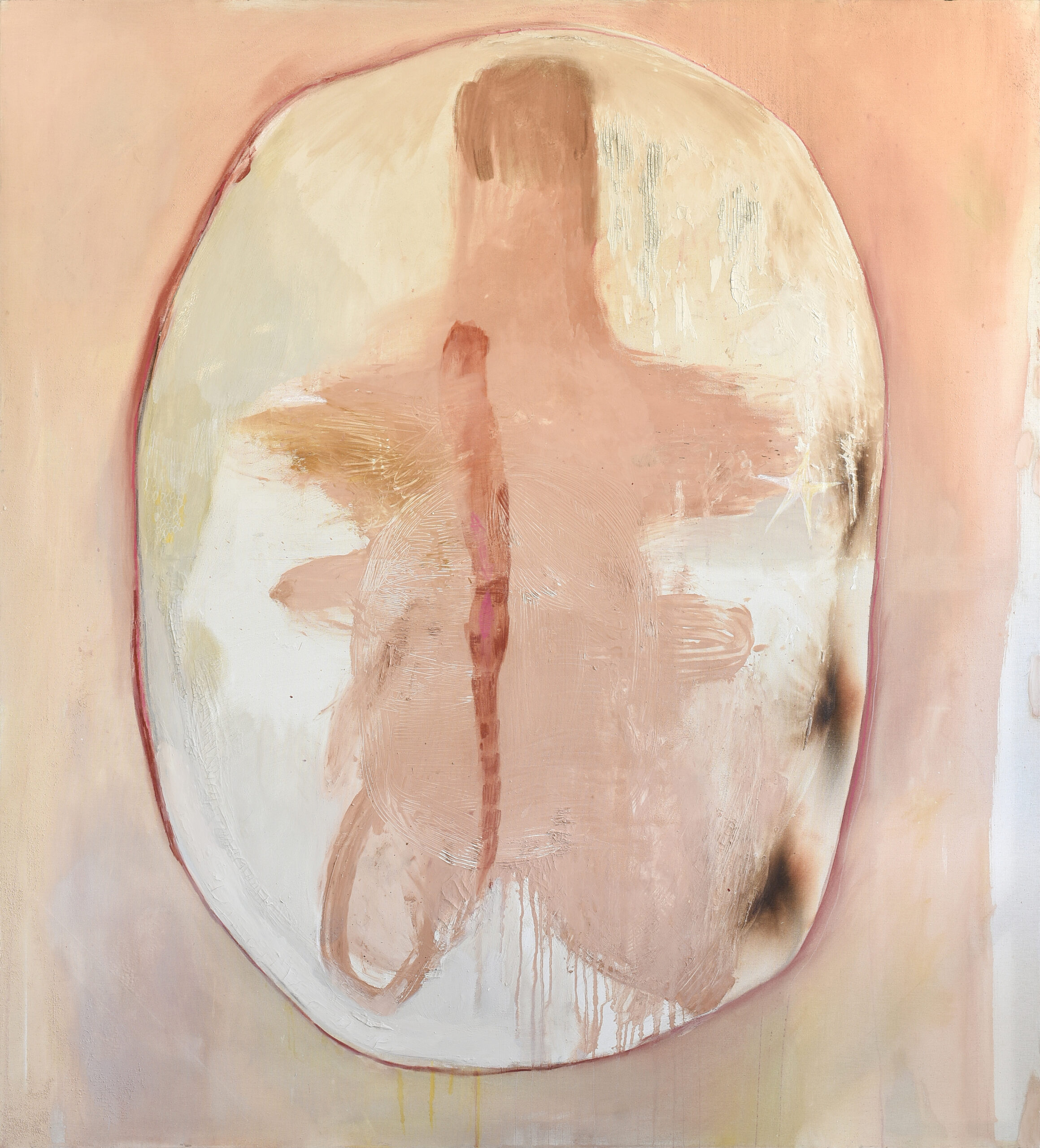 Cosmic egg painting in pink and peach hues by Daniela Marten Rothe.