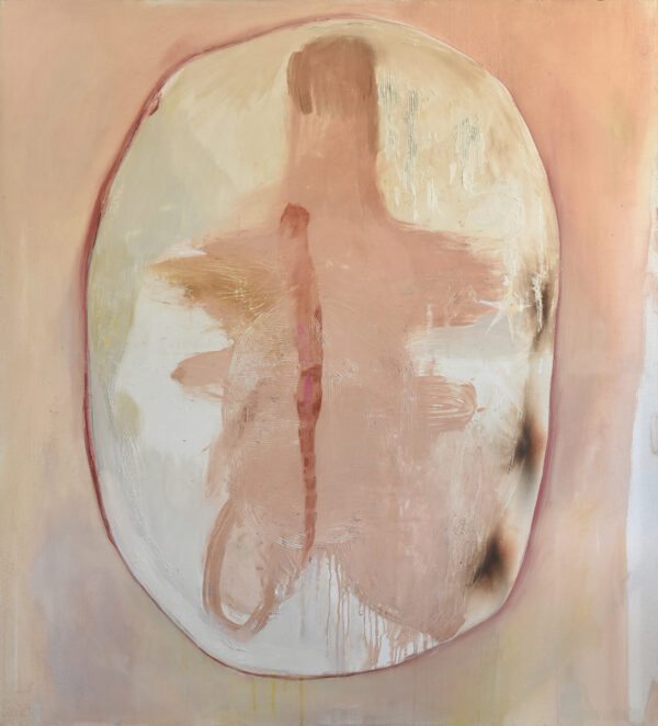 Abstract painting by Daniela Marten Rothe of a cosmic egg, evoking feelings of birth, feminine power and sensuality. The colours are pink, peach, white and red. Cosmic egg painting