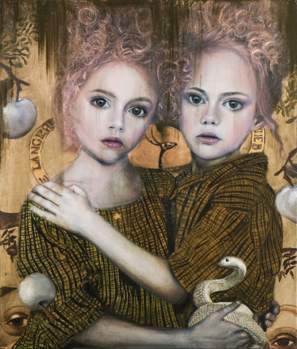 Surreal brown, gold and white painting of two girls holding onto each other, by Sofía Ruiz. The painting evokes dreamlike sensations; there are eyes in the background creating an uneasy feeling.