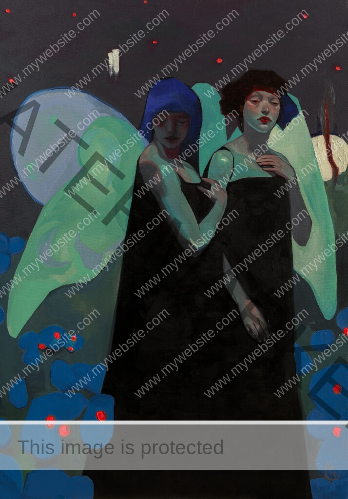 Oil painting by Emilia Cantor of two fairy women with bright green wings against a dark backdrop. At their feet, coming out from the darkness, are blue rounded forms with glowing red eyes. The painting evokes feelings of festivity, raving but also the gothic. Fairy oil painting