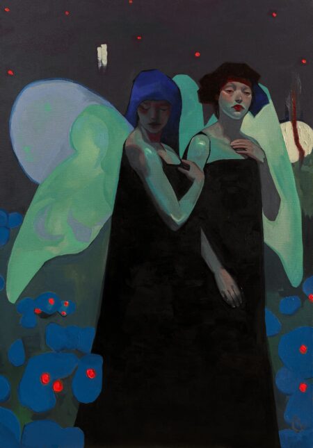 Oil painting by Emilia Cantor of two fairy women with bright green wings against a dark backdrop. At their feet, coming out from the darkness, are blue rounded forms with glowing red eyes. The painting evokes feelings of festivity, raving but also the gothic. Fairy oil painting