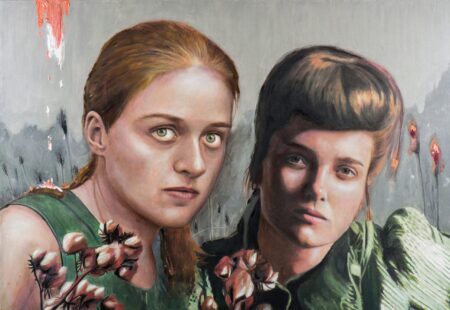 Painting by Sofía Ruiz of two young women looking out of the canvas, set against an abstract grey background. This introspection painting is dreamlike and evokes feeling of unease and nostalgia.