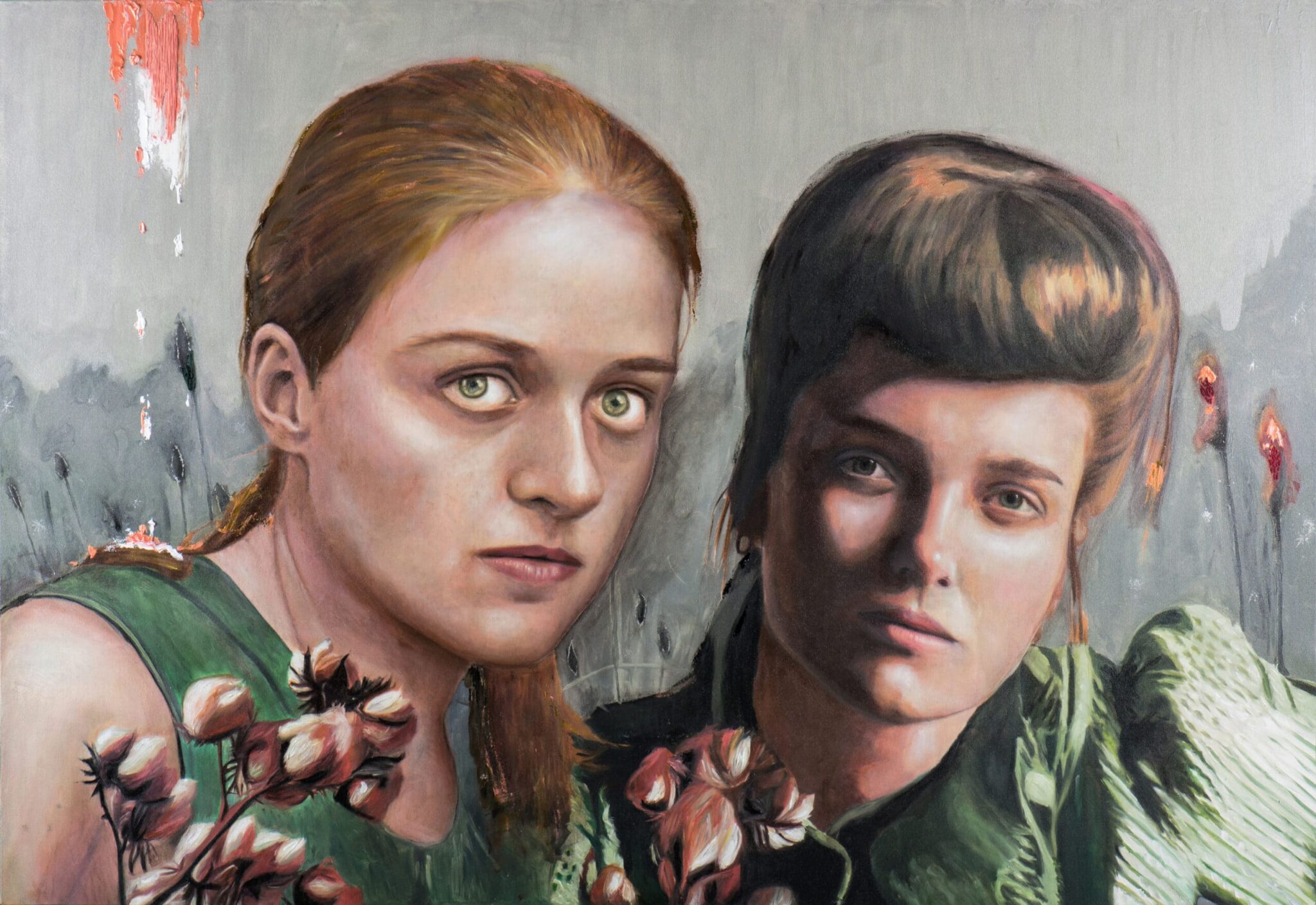 Painting by Sofía Ruiz of two young women looking out of the canvas, set against an abstract grey background. This introspection painting is dreamlike and evokes feeling of unease and nostalgia.