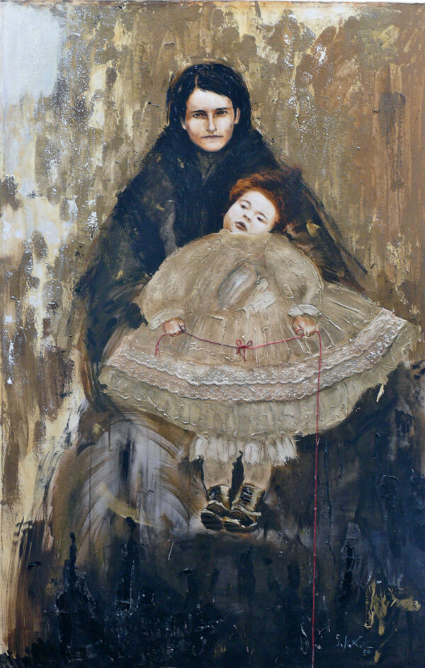 Eerie eerie domestic painting by Sofía Ruiz of what looks like a mother holding her daughter who appears to be asleep in her lap; the child is doll-like in appearance. These figures are against a gold, abstract background, evoking a sense of nostalgia and unease.