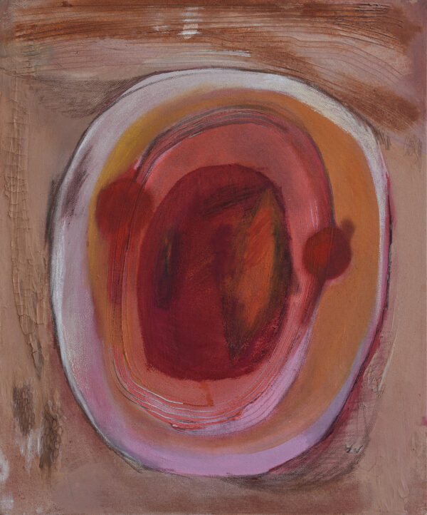 Abstract painting by Daniela Marten Rothe of a cosmic egg in pink, orange, red and white. The painting evokes feeling of birth, femininity and sensuality.