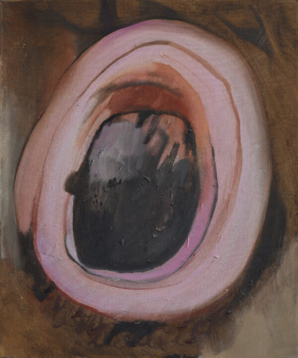 Abstract painting by Daniela Marten Rothe of a cosmic egg, evoking feelings of birth, feminine power and sensuality. The colours are pink, brown and black.