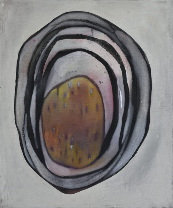 Abstract painting by Daniela Marten Rothe of a cosmic egg in pink, orange, red and white. The painting evokes feeling of birth, femininity and sensuality.