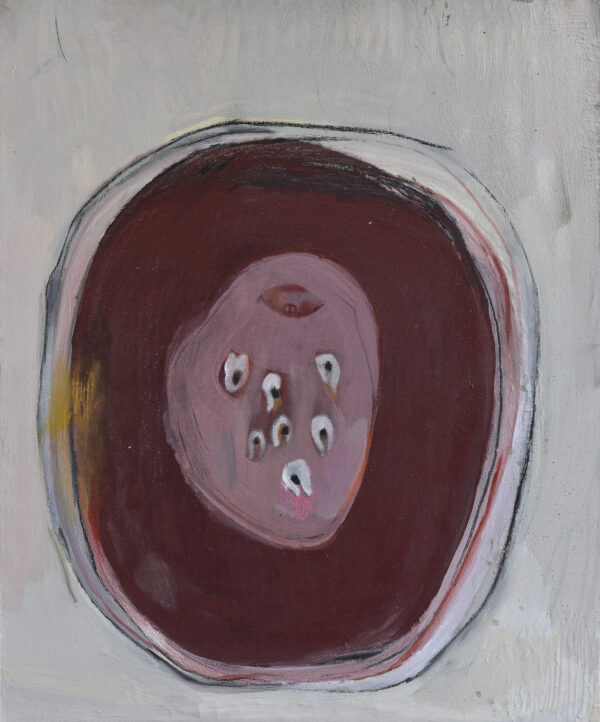 Abstract painting by Daniela Marten Rothe of a cosmic egg in pink, red, white and grey. The painting evokes feeling of birth, femininity and sensuality painting