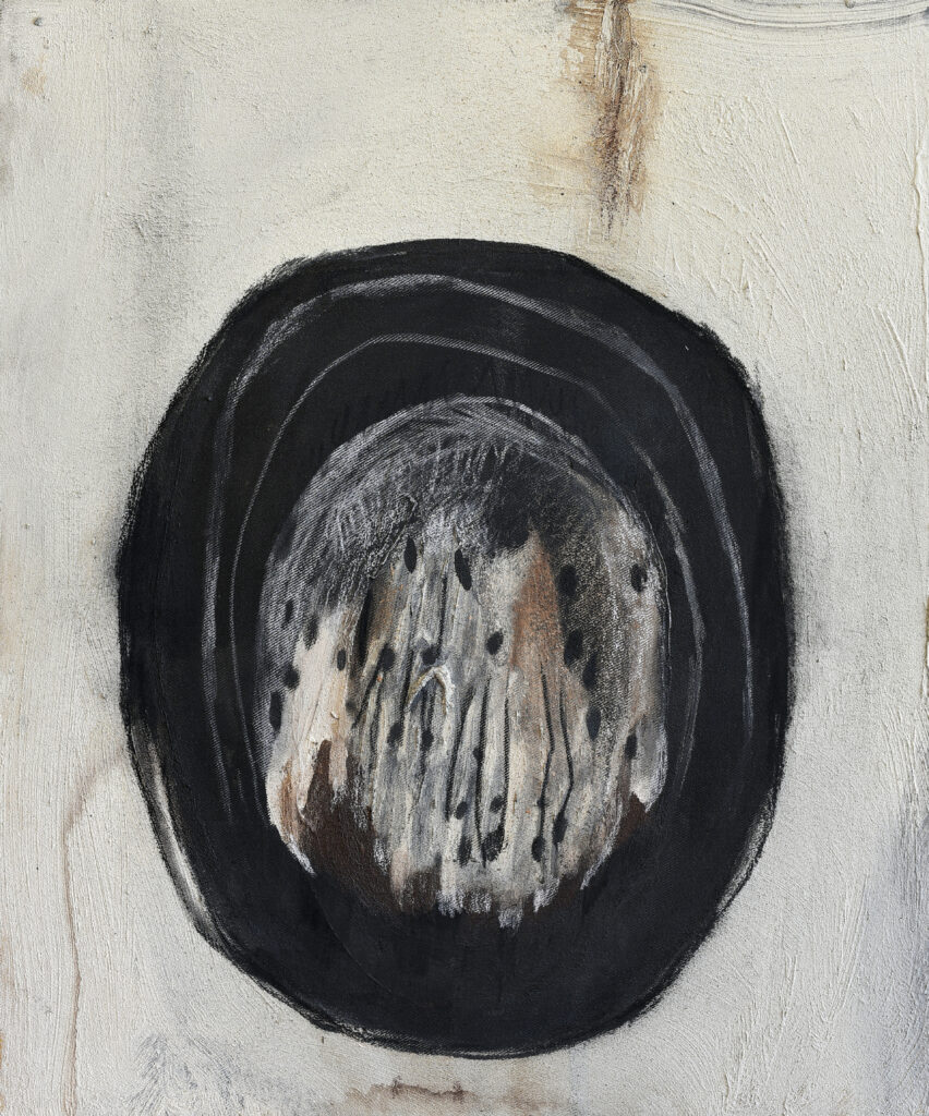 Abstract circular shape in black and grey, a feminine energy painting.