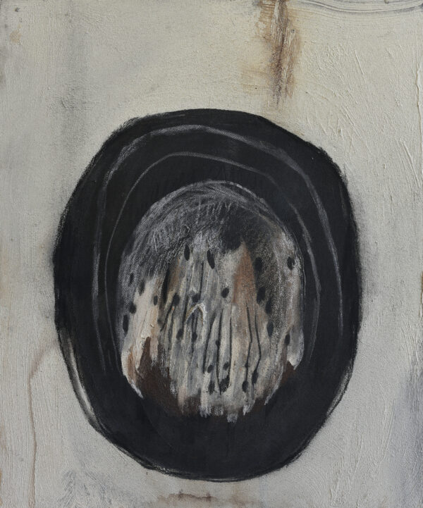 Abstract painting by Daniela Marten Rothe of a cosmic egg, evoking feelings of birth, feminine power and sensuality. The colours are black, brown and grey. Feminine energy painting
