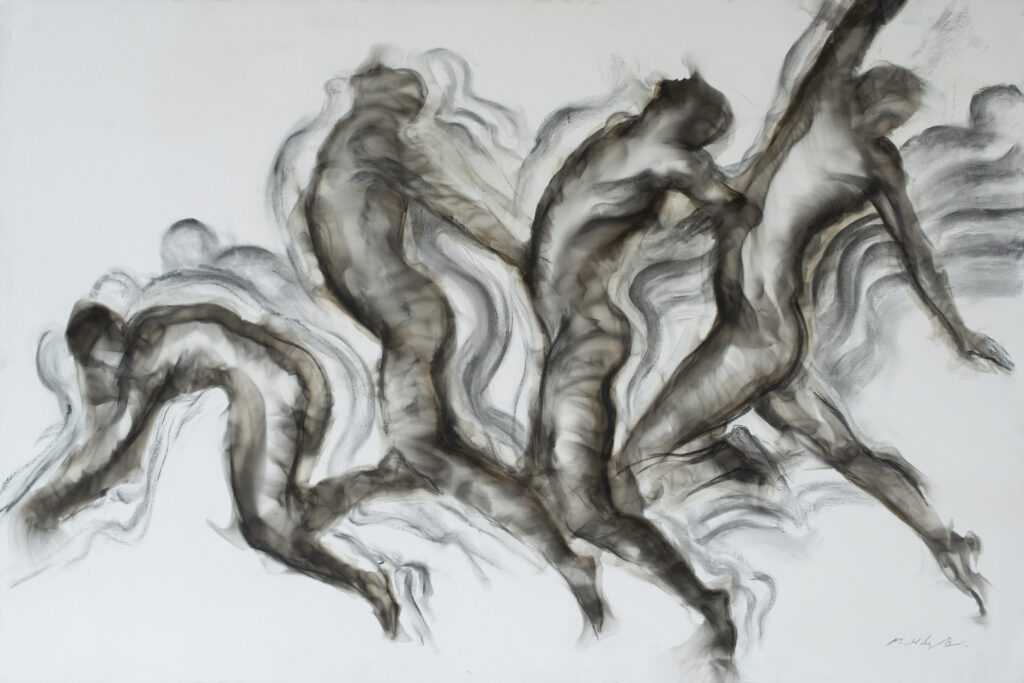 Hernández Bastos paints with smoke from an oil lamp, burning the canvas like pigment, to create his floating, dancing, transient figures. Promoting artist gallery MÍRAME Fine Art.