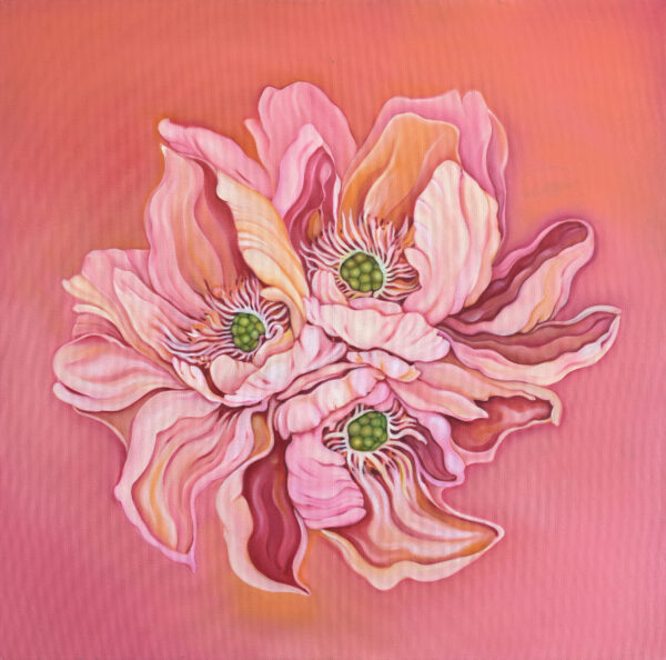 Floral painting with pink, red and white petals against an abstract red , pink and orange background, bursting with life, sensuality and eroticism. Painting by Daniela Marten Rothe.