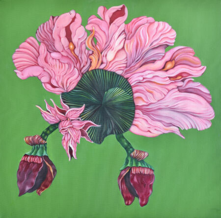 A sensual flower painting with a green background and pink, red floral shapes.